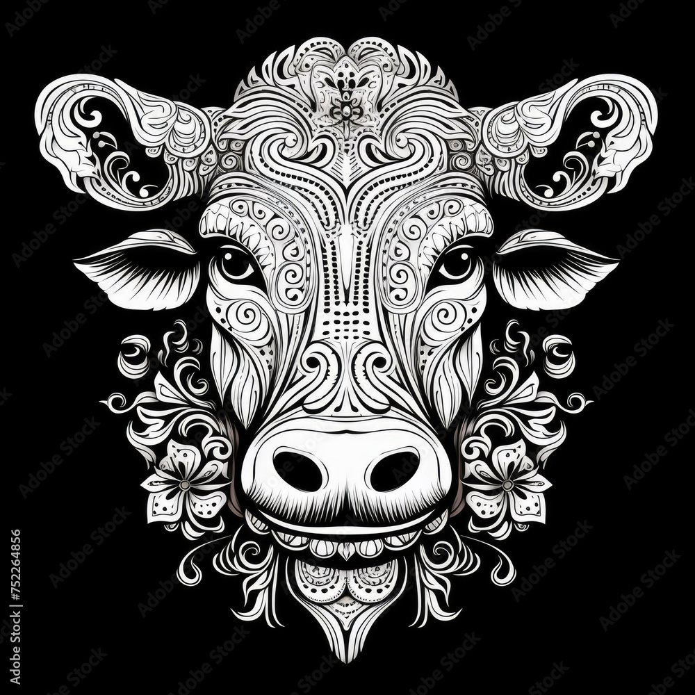 Cow Mandala Style Illustration, black and white Cow Mandala Style Illustration, black and white