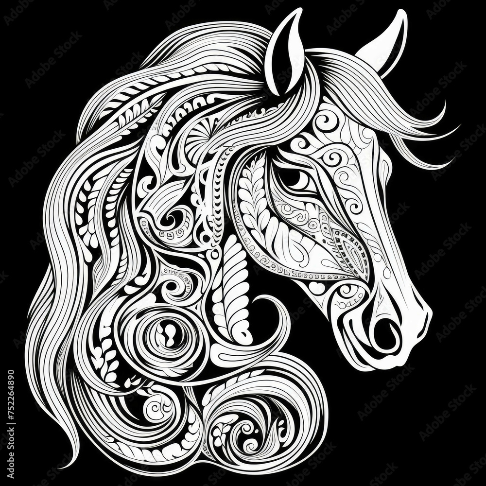 Horse Mandala Style Illustration, black and white