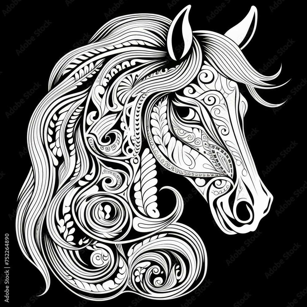 Obraz premium Horse Mandala Style Illustration, black and white