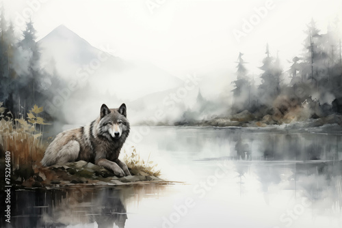A watercolor painting of a wolf on the edge of a pond amidst the mist. © Gun