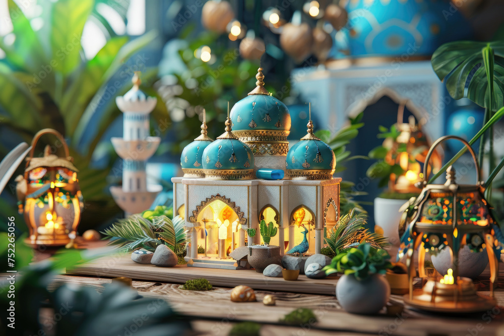 Ramadan Kareem with miniature mosque on a wooden table with plants. Ramadan Kareem with miniature mosque on a wooden table with plants.