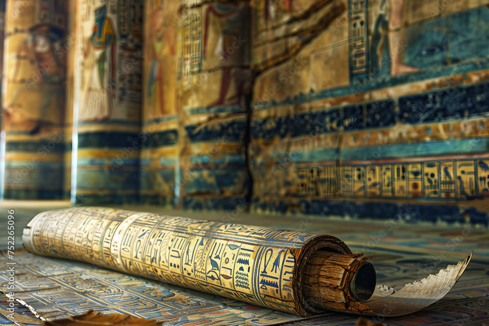 A papyrus scroll inscribed with hieroglyphics, set against an ornate temple wall adorned with ancient murals, evoking a sense of scholarly discovery and historical significance.