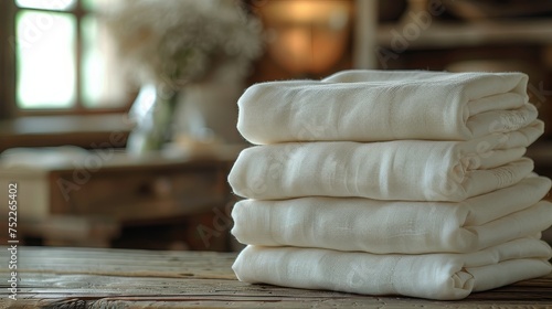 Stack of White Towels on Wooden Table