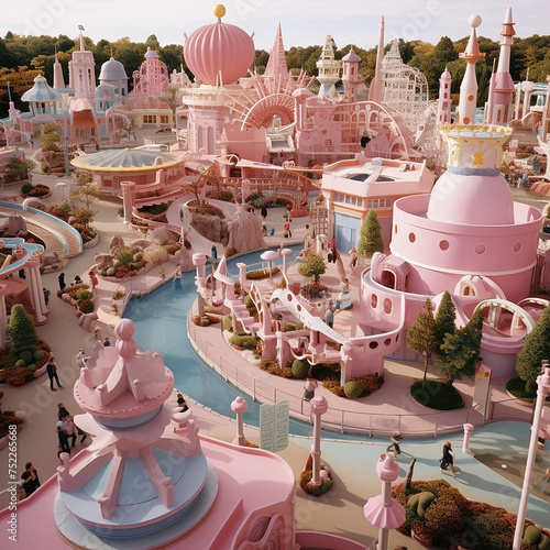 Theme park Birds Eye view, pastel pink colours, old aesthetic, retro aesthetic, retrocore. photo