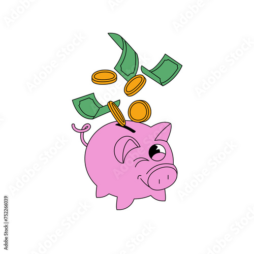 Vector illustration character pink money piggy bank with gold coins and green paper dollars. Smart smart investments concept