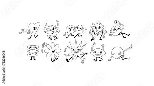 Vector illustration set of cartoon geometric shapes characters ?n retro style. Groovy stickers with different emotions for social media