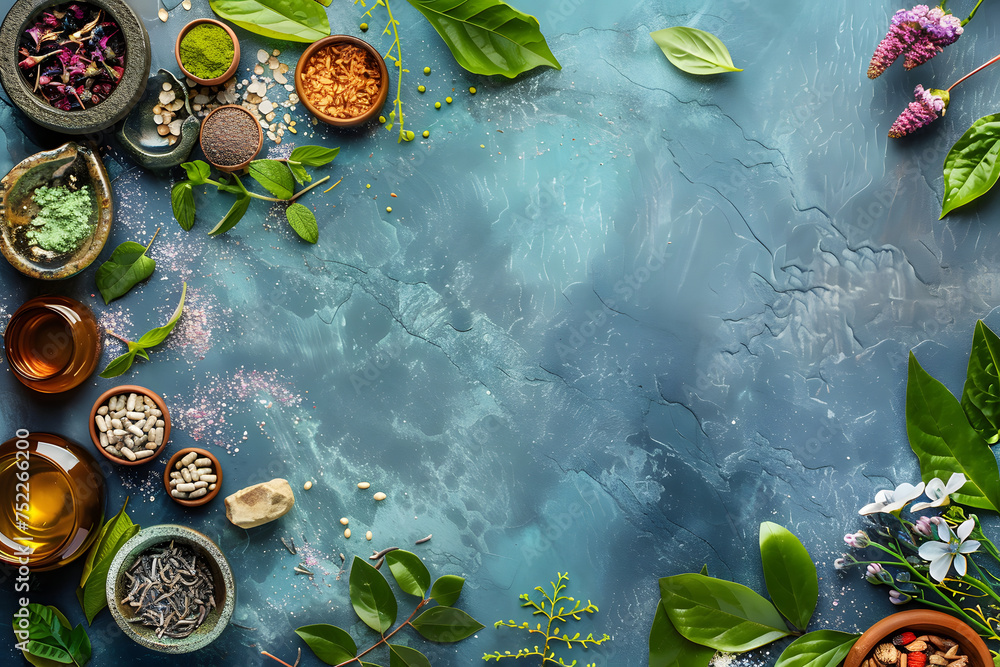 Top view of herbal medicine herbs and spices on blue background