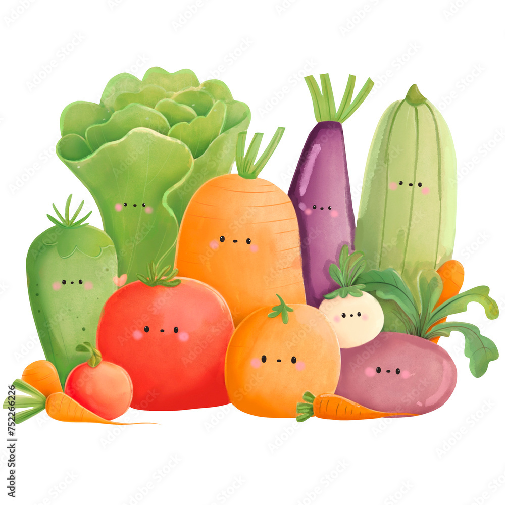 Fototapeta premium A group of vegetables in watercolor and cartoon style.