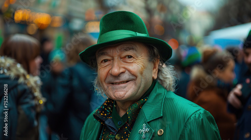 Portrait of smiling senior man in green hat and green festive suit participates in St. Patrick's Day parade in city street. Saint Patricks Day celebration generative ai