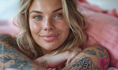European woman lying in bed, just woken up, looking sleepily at the camera photo