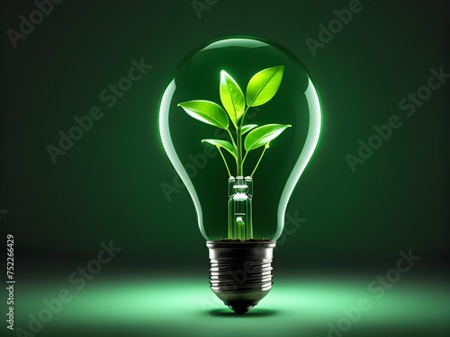 Light bulb with green sprout inside on dark green background