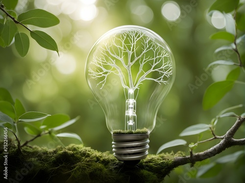 Glass lightbulb with glass tree inside, nature and ecology concept