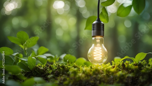 Energy saving light bulb glowing in the forest with fresh green nature background