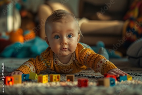 A cute baby lies on its stomach playing with colorful blocks on a carpeted floor