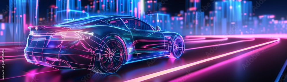 Augmented reality hologram to construct 3D model of high-tech electric vehicle, car futuristic augmented reality hologram concept.