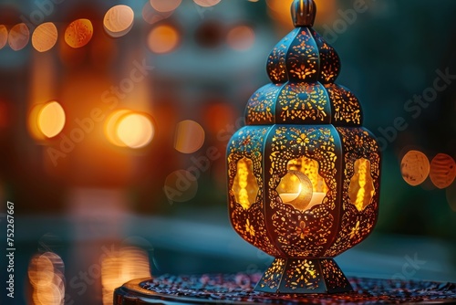 icon Ramadan lantern with crescent moon and podium as luxury islamic background greeting card design © NikahGeh