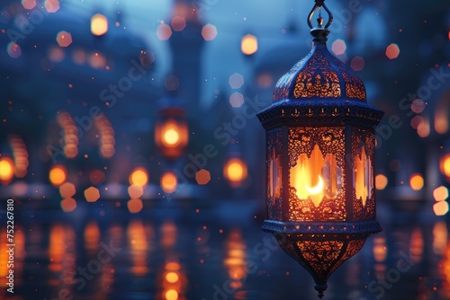 icon Ramadan lantern with crescent moon and podium as luxury islamic background greeting card design