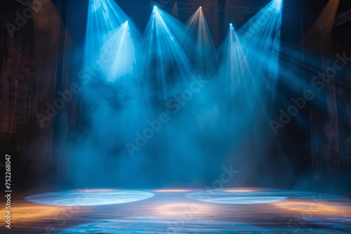 Stage lit with spotlights and smoke
