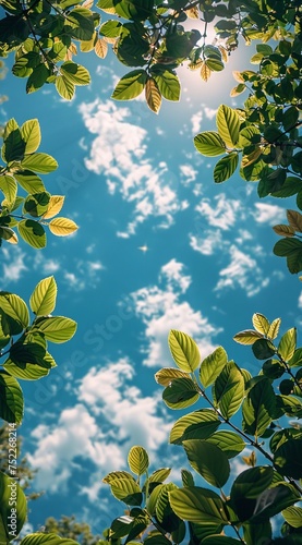 looking up view of leaves and blue sky