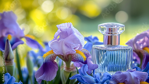 Perfume bottle in flowers  fragrance on blooming background  floral scent and cosmetic product