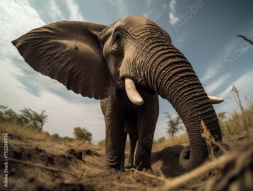 elephant in nature looks at the camera with a wide-angle lens, bottom view. freedom and protection of elephants