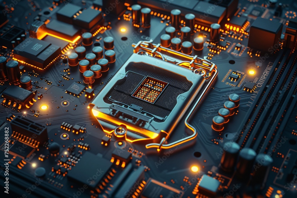 A macro shot of an advanced CPU with a warm glow, symbolizing the power and complexity of modern technology A macro shot of an advanced CPU with a warm glow, symbolizing the power and complexity of modern technology
