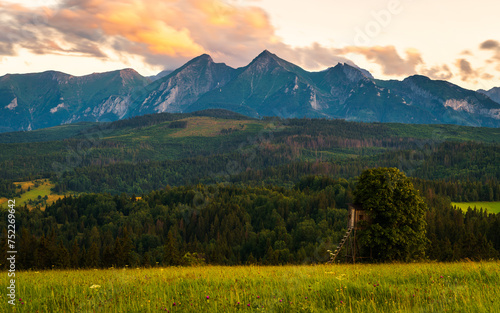 Fototapeta Naklejka Na Ścianę i Meble -  Tatra Mountains, Poland. Panorama of a mountain landscape. Late summer mountain view. Sunset over the mountains