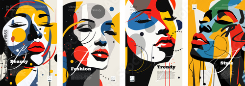 Abstract artistic poster. Beautiful woman color face portrait with paint spots and strokes creative placard set. Female design art painting print. Fashion and beauty colorful banner eps design concept