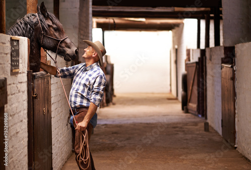 Cowboy, man and horse in stable with check for care, growth and development at farm, ranch or countryside. Person, animal or pet with love, connection and bonding for wellness with nature in Texas photo