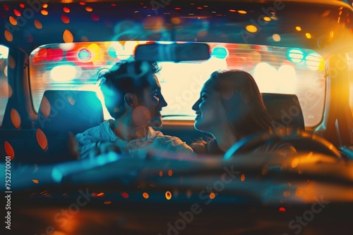 photo, happy love couple travel in car