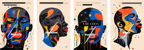 Abstract artistic poster. Beautiful black person color face portrait with paint spots and strokes creative placard set. Man design art painting print. Fashion and beauty colorful banner design concept