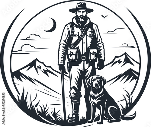 Hunter and hunting dog, vector illustration