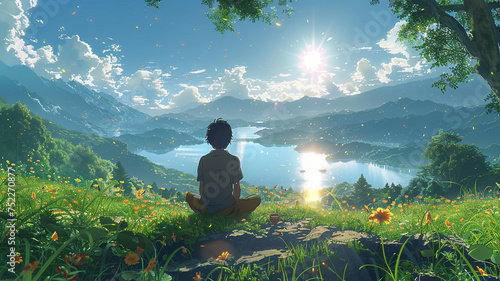 anime of a boy sitting in a grassy field at the top of a hill