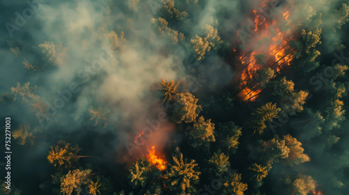 Top view of a forest fire. A strip of dry grass sets fire to trees in a dry forest. Fire with smoke from a bird's eye view. Natural disaster concept, nature.