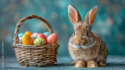 Rabbit Sitting Next to Basket of Eggs