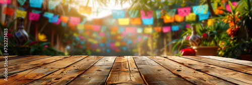 Empty wooden table foreground with vibrant, out-of-focus Mexican fiesta background, copy space available, minimalist  photo