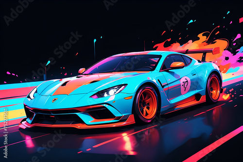 Fast speed Sport car with digital infographic on neon glowing modern style. AI generated