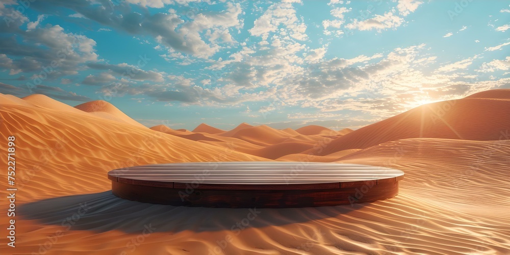 Wooden podium dramatically standing in the middle of a vast desert landscape with sand dunes. Concept Desert landscape, Wooden podium, Dramatic setting, Sand dunes, Vast expanse