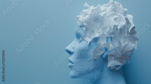 Human head paper sculpture symbolizing brain disorders, isolated for Alzheimer's concept, with copy space, minimalist  © fotogurmespb