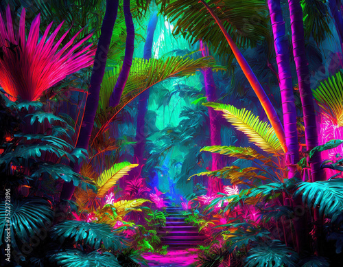 Exploring a Mystical Neon Jungle  An AI-Generated 3D Render of a Colorful