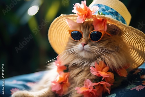 A cute cat wearing a hat with sunglasses and a Hawaii dress happily poses studio photo background 