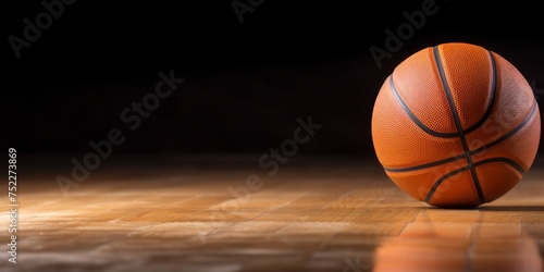 Basketball on Hardwood Court with Dark Background