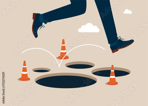Jump pass many pitfalls and brave to jump pass mistake and failure, creativity to solve problem concept. Flat vector illustration.
