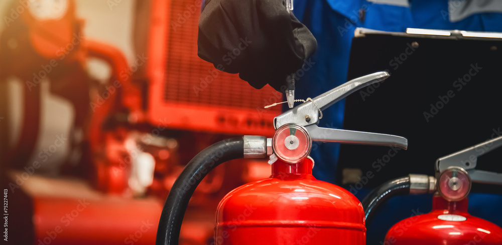 Engineer check fire extinguisher tank in the fire control room for safety in factory or industry. Engineer check fire extinguisher tank in the fire control room for safety in factory or industry.