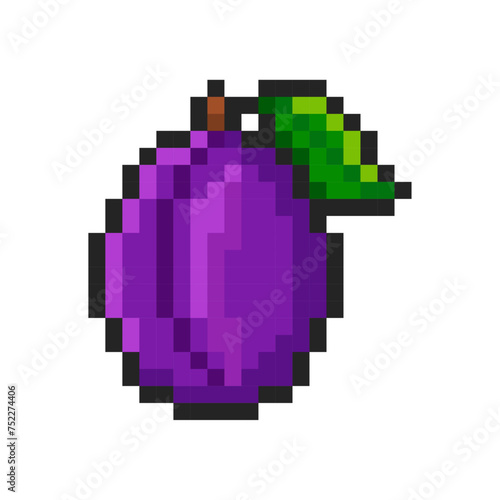 Pixel plum isolated on white background. Pixelated sticker. Slot machine or video game item. Fruit icon. Vector pixel art illustration in 8 bit old style.