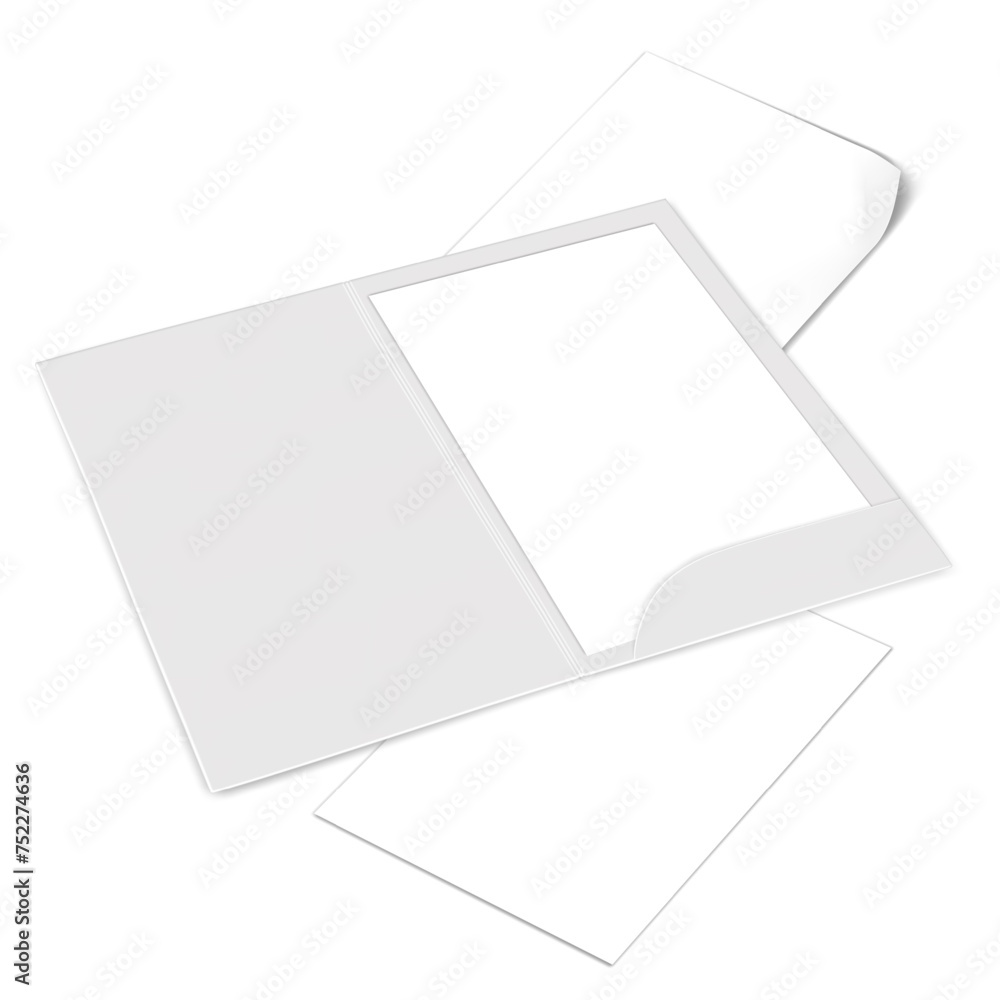 Open white file folder with blank paper sheets. Realistic vector mockup. Document holder mock-up Open white file folder with blank paper sheets. Realistic vector mockup. Document holder mock-up