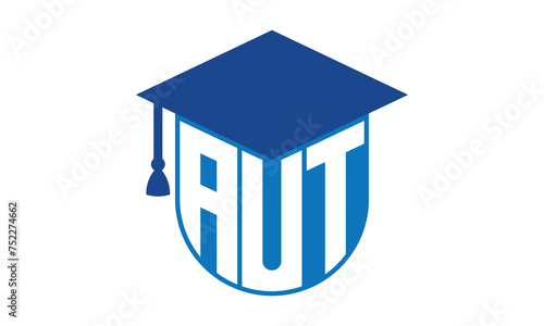 AUT initial letter academic logo design vector template. school college logo, university logo, graduation cap logo, institute logo, educational logo, library logo, teaching logo, book shop, varsity