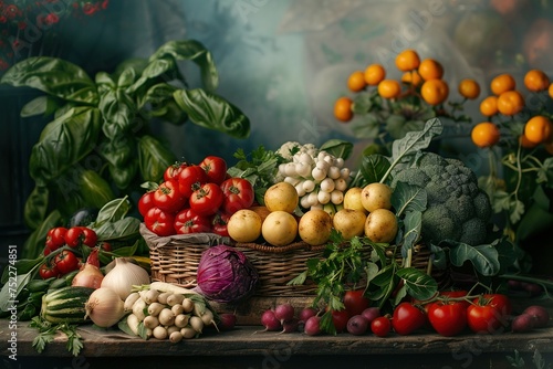 Garden's Bounty: Lush Array of Fresh Vegetables and Herbs on a Moody Backdrop