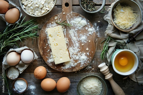 Rustic Baking Ingredients Display: Cheese, Eggs, Herbs, and Flour on Wooden Board