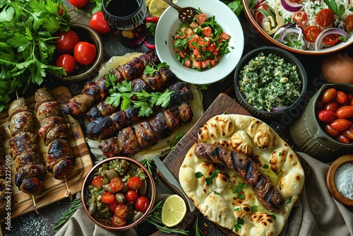 Mediterranean Feast: Grilled Kebabs and Array of Mezes on a Traditional Dining Spread